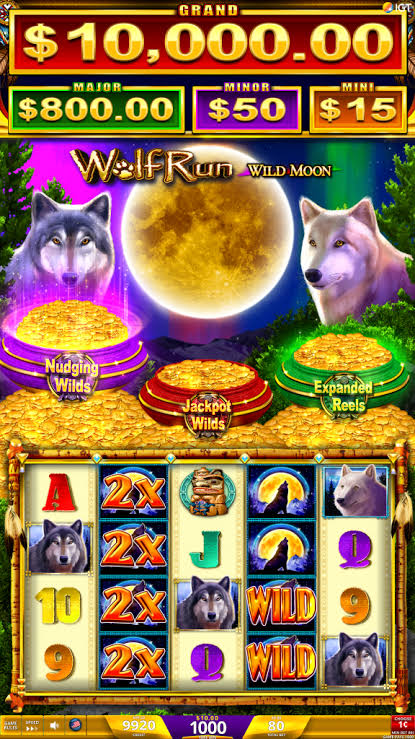 Wolf Run Wild Moon game screen featuring two wolves, a full moon, gold coins, and slot reels